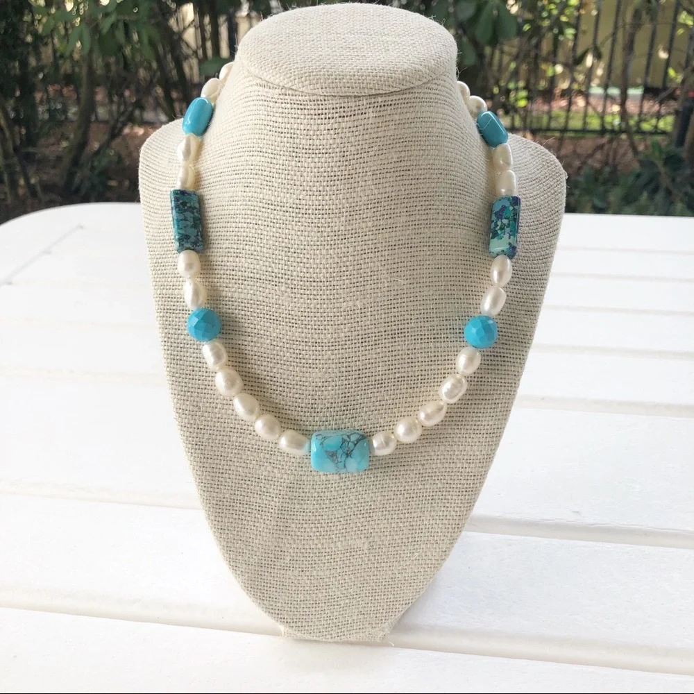 New Turquoise & Pearl Genuine Beaded Necklace